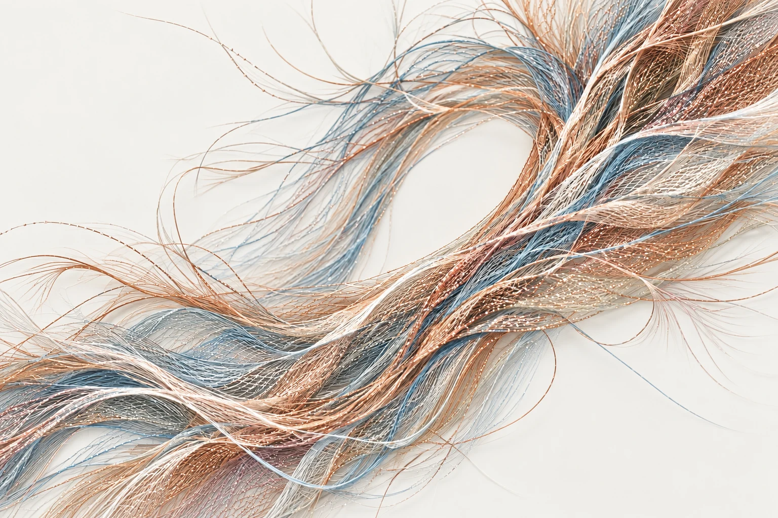 Copper, slate-blue, and rose threads form the same flowing weave in soft daylight.