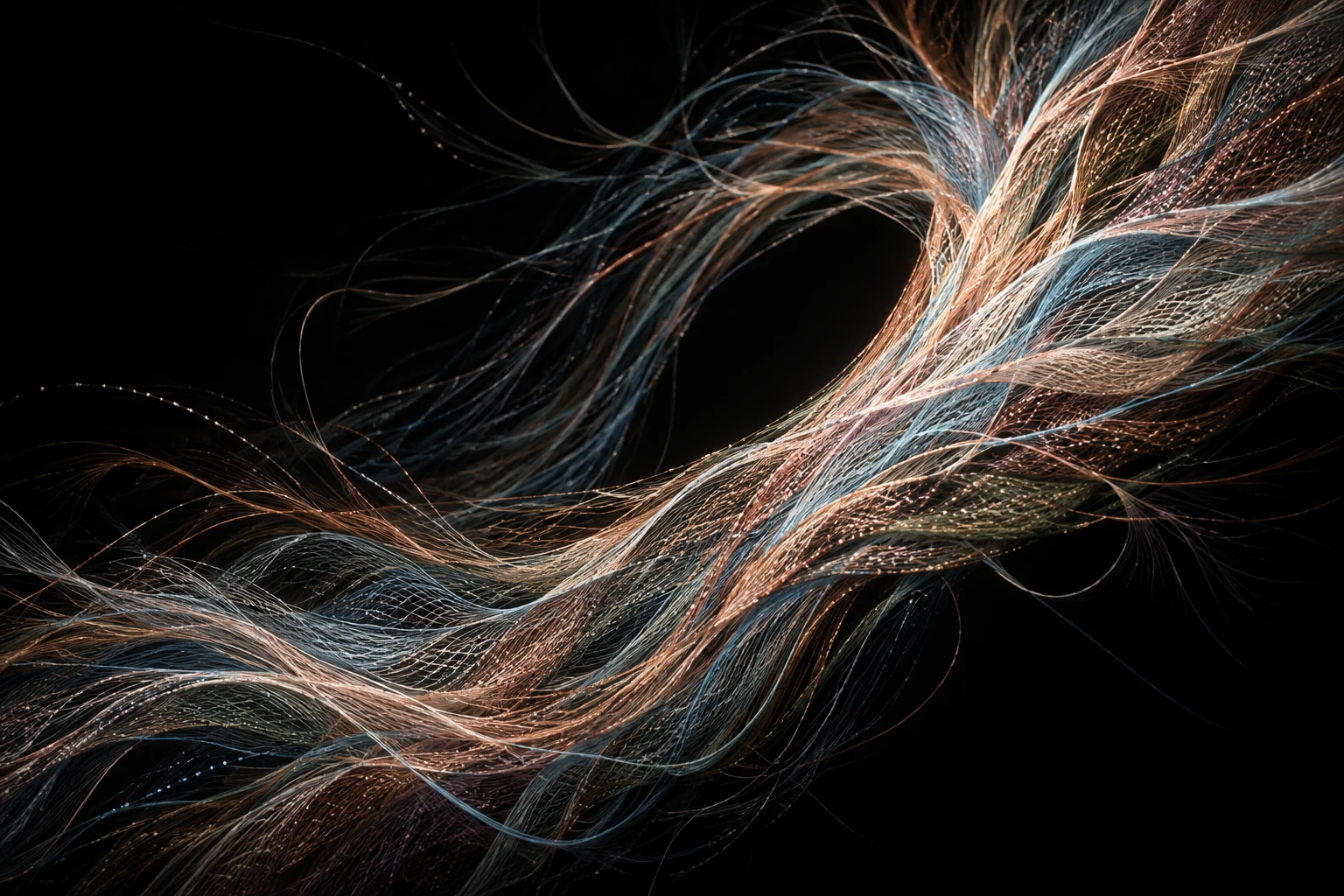 Fine copper, blue, and rose filaments weave into a flowing fabric of light.